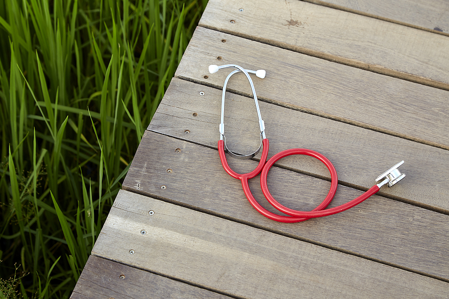 Red stethoscope on a grassy dock